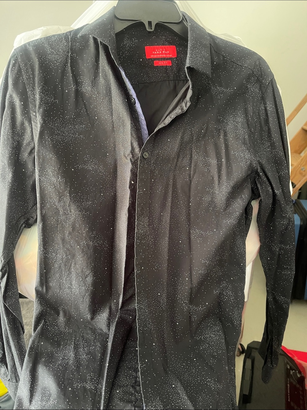 Zara Man basic Black Button-Up Shirt with White Speckle Pattern
